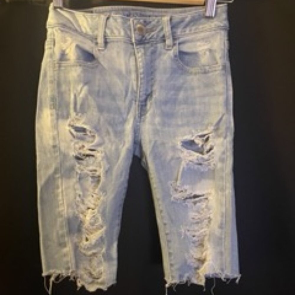 AE Light Blue Wash Ripped Biker Shorts